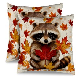 Fall Decorative Throw Pillow Covers, Set of 2 Fall Raccoon Maple Leaf Decorative Throw Pillow Covers Harvest Autumn Thanksgiving Pillowcase for Farmhouse Home Sofa Living Room Decor