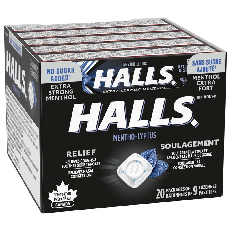 HALLS No Sugar Added Extra Strong, Cough Drops, Throat Lozenges,