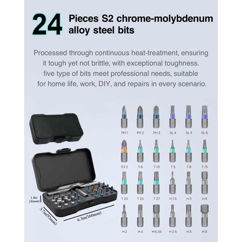 24-in-1 Magnetic T-Handle Ratchet Screwdriver Set, 24 S2 Bits
