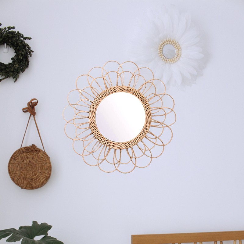40cm Hanging Mirror Rattan Sunflower Circular Wall Mirror Decor Boho