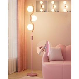 Lightdot 60IN Dimmable (Brightness Adjustable) Pink Floor Lamp, Mid Century Standing Lamps with 3 Globe Soft Warm White Eye Care 3000K Bulbs Included, Modern Tall Lamp for Bedroom Office