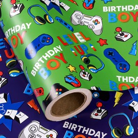WRAPAHOLIC Reversible Gaming Wrapping Paper - Mini Roll - 17 Inch x 33 Feet - Gaming Kids Boys Happy Birthday Wrapping Paper for Boys Kids Birthday, Baby Shower, Party