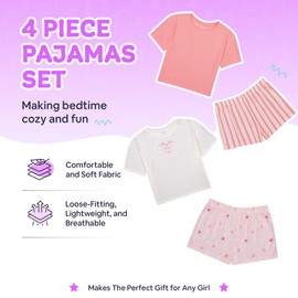 US Angels Girls Pajamas Sets- 4-Piece Cute Short Sleeve & Shorts PJ Set, Pink Girls’ Sleepwear, Kids Pajamas Sizes 5-16