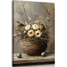 HKMXCD 1Pcs Birdie Canvas Wall Art Flower basket with bird Print Country style pictures Retro Farmhouse painting Artwork birds Wall Decor for Living room bedroom kitchen home decoration 12x16in