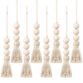 8pcs Wood Bead Garland Ornaments Farmhouse Beads with Tassel Ornaments Hanging Decoration for Closet Handle Door Handle