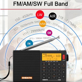 XHDATA D-808 Digital Radio Portable FM stereo/SW/MW/LW SSB RDS Air Band Multi Band Radio Speaker with ATS,LCD Display, Sleep Timer,Alarm Clock,External Antenna Black