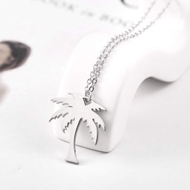 RUIZHEN Stainless Steel Tropical Palm Coconut Tree Beach Pendant Necklace For Women (silver set)