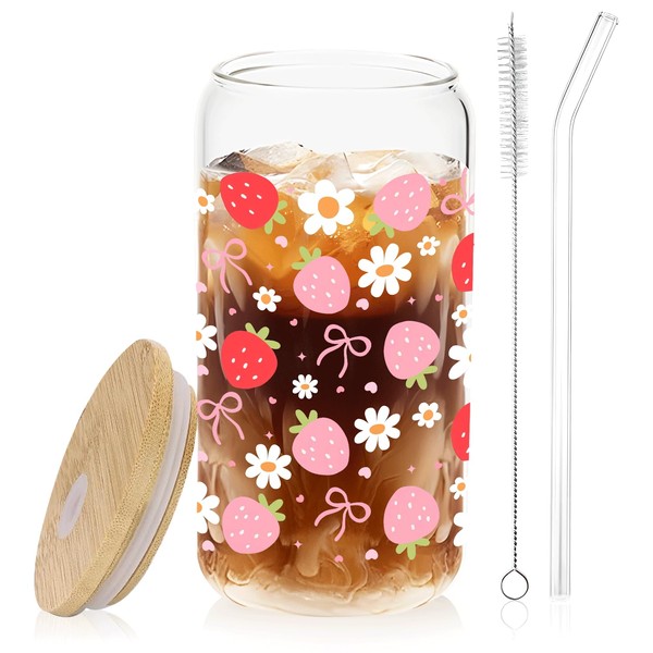 BEHIFL Coquette Pink Bow Strawberry Glass Cup with Lids and