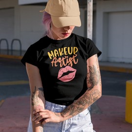 Makeup Artist with Pink Lips, Beauty Themed Merch Gift for Makeup Artist or Lovers, Cosmetologists & Beauticians, Military Green T-Shirt, Medium