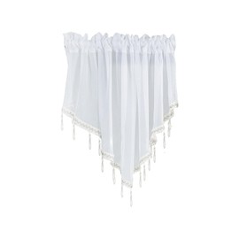 1Pcs White Sheer Valance Curtains 51.2 x 23.6 Inch, Beaded Swag Valances for Windows Living Room Kitchen Bedroom Bathroom, Short Top Farmhouse Valance Curtains with Rod Pocket Tassel Voile