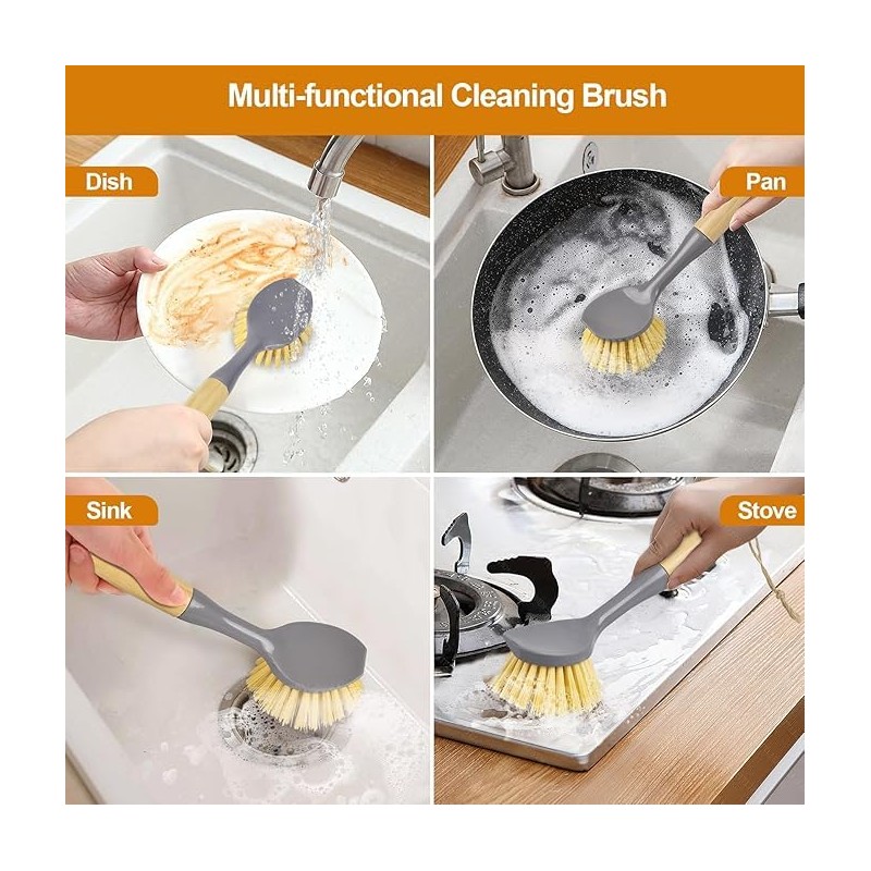 SOVYOULIVE 2 Pack Kitchen Dish Brushes with Bamboo Handle and