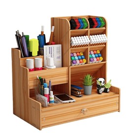 Yimisya Wooden Desk Organizer, Large Capacity DIY Pen Holder with Drawer, Pen Organizer For Desk, Workspace Organizers, Multi-Functional Stationary Organizer For Office, Home And School Supplies