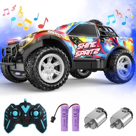 DEERC Remote Control Car with Light-Up Shell, Music, Double Spray & Drift, 2.4GHz All Terrain RC Truck for Boys & Girls, 20KM/H Fast Car with 2 Rechargeable Batteries, Birthday Gift for Ages 3-8