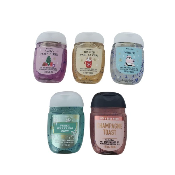 Bath and Body Works ALL THAT GLITTERS 5-Pack PocketBac Hand Sanitizers (Fresh Sparkling Snow, Winter, Cranberry Peach, Magic in the Air, Champagne Toast)