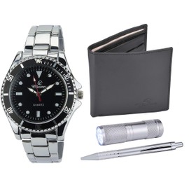 BELLOS Men's Black Watch Gift Box – LED Lamp – Wallet – Pen