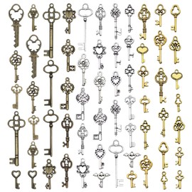 LUFFLOK 62 PCS Vintage Keys Charms, Charms for Crafting Making, Skeleton Key, Mixed Smooth Charm for DIY Crafting Party Room Decor,Silver & Gold (62 PCS)
