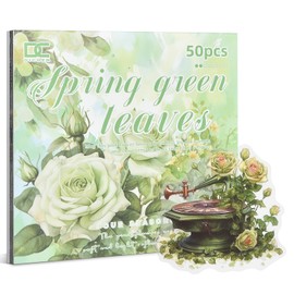Snycler Scrapbooking Supplies, Vintage Journaling - 25 Sheets PET & 25 Sheets Paper Stickers, DIY Craft Stickers for Junk Journals, Ephemera Sticker Book, Green Leaf Themes, Pre-Cut Designs