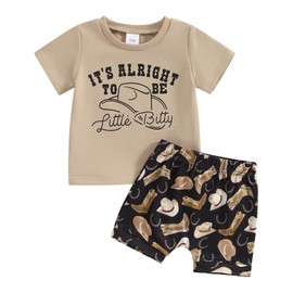 Western Toddler Baby Boy Clothes Its Alright to be Little Bitty Outfits T Shirt Top Shorts Set Cowboy Summer Outfit (Coffee, 2-3 Years)