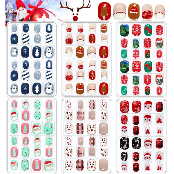 EBANKU 6 Packs Christmas Kids False Nails Press on Nail, Children Full Cover Short False Fingernails 3D Santa Claus Snowman Christmas Tree for Girls Kids (A)