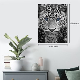 JOWOROLO Black and White Leopard Canvas Wall Art Blue Eyes Animal Pictures Prints Wall Decor Modern Wildlife Animals Artwork for Living Room Bedroom Bathroom Home Decoration - 12x16 Inch