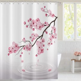 Hnmdmyi Shower Curtain, Cherry Blossoms, 180 x 200 cm, Pink Flowers Shower Curtains, Japanese Asian Style, Sakura Art Bath Curtain, Waterproof, Polyester Fabric, Washable Bath Curtain for Bathroom