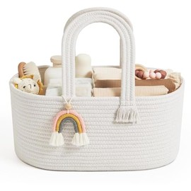 Cesta Organizadora de Pañales para Bebé, Canasta de Algodón con Asa de Doble Trenza, Flecos Arcoíris y Organizador Desmontable, Ideal para Recién Nacidos, Regalo Baby Shower (blanco)