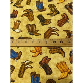 COWBOY COWGIRL BOOTS with SPURS SOUTHWEST BOOT YELLOW COTTON FABRIC FQ