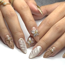 LOPMNGHT Press on Nails Medium Almond Shaped Artificial Acrylic Nail 3D Glitter Gold Butterfly with Bow Pearl Stick on Nail full Cover Reusable Coffin Artificial Fingernails for Women Manicure 24Pcs