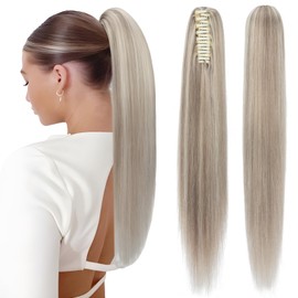 Elailite Claw Clip Ponytail Hair Extensions Real Human Hair Natural HairPiece Straight (#18Y/613 Ash Blonde Mix Bleach Blonde, 18 Inch)