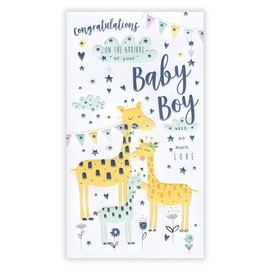 New Baby Boy Congratulations Card - Giraffe Family and Love Hearts - Special Finishes and Illustrated Insert Leaf - Made in the UK