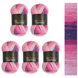 5 x 100 g Wollbiene Crazy Cotton Batik, 500 g with Colour Gradient, 55% Cotton, Multicoloured Knitting Wool, Crochet Wool, Wool, All-Year Wool (6040 Berry, Purple, Pink)