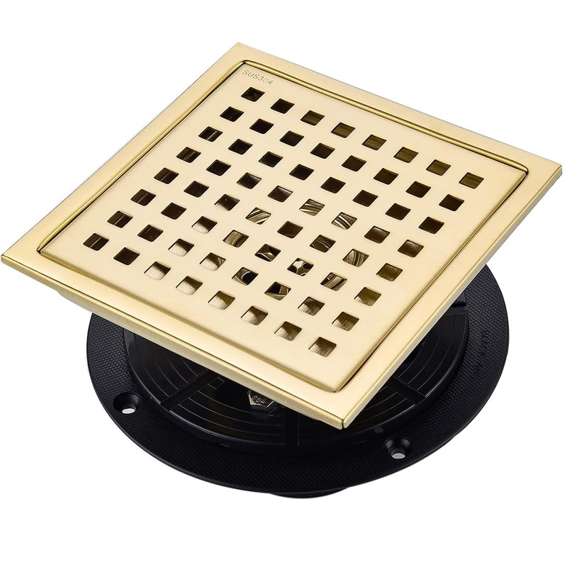 SEABEFORE Shower Drain 6 Inch Brushed Gold,Stainless Square Shower Floor