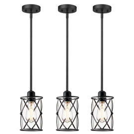 Osimir Glass Pendant Lights Kitchen Island 3 Pack, Black Kitchen Pendant Lighting Over Island with Rod, Modern Mini Hanging Light for Sink Dining Room, CH9176BK-3PK
