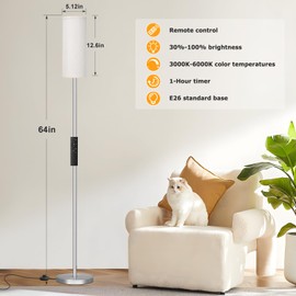 Ambimall 64'' Floor Lamps for Living Room with Remote Control and Stepless Dimmable Colors Temperature & Brightness, 9W Bulb Included(Beige Lampshade & Silver Pole)