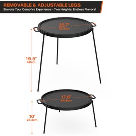Onlyfire 18" Campfire Grill Griddle, Double Sided Reversible Portable Campfire Grill, Cast Iron Camping Griddle with Handles, 3 Removable & Height Adjustable Legs, Perfect for Grills and Outdoor BBQ