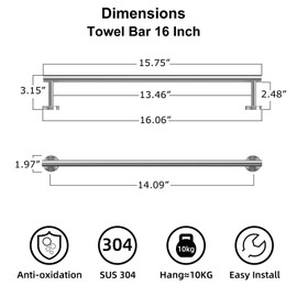 Bathroom Towel Bar, 2 Pack 16 Inch Towel Racks for Bathroom Wall Mounted, Heavy Duty Bathroom Towel Holder Organizer, Stainless Steel Home Towel Rod, Brushed Nickel