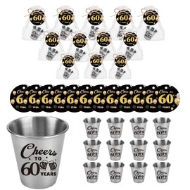 MyGiftHub 60th Birthday Party Favors for Guests - 12 Stainless Steel Shot Glasses (2oz), Organza Bags, Round Cards & Twine - Cheers to 60 Years Celebration