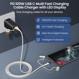 USB C to Multi Charging Cable, USAMS 100W 4FT 5A Type C to Type C Fast Charger Charging Cord with LED Display 5-in-1 C/A to C/Micro/IP Sync Charger Adapter Compatible for Laptop/Tablet/Phone