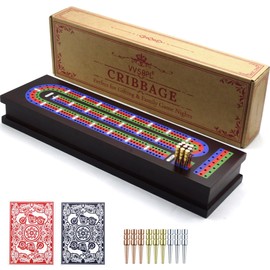 VVSBPL Wooden Cribbage Board Game Set with Metal Pegs and 2 Decks of Playing Cards, Travel Cribbage Board with Card Storage, Magnetic Lock, Classic Continuous 3 Track Cribbage Set for Family