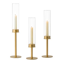 Hewory Gold Candle Holders Hurricane Candlestick Holders, 3Pcs Brass Candle Stick Candle Holder Candelabra, Taper Candle Holders with Glass Candle Cover for Wedding Table Centerpiece Christmas Decor