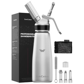 SimCoker Cream Dispenser 500 ml for Whipped Cream, Aluminium Whipped Cream Maker, 3 Stainless Steel Nozzles, 1 Cleaning Brush, Cream Syphon with German Instructions Silver