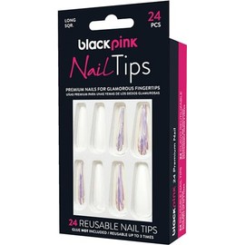 Blackpink Press-On Nail Tips Ready Painted Long Perfect Fit Ready To Go, Glue Included, Reusable, Glue on Nails, Long Nail Kit 24PC