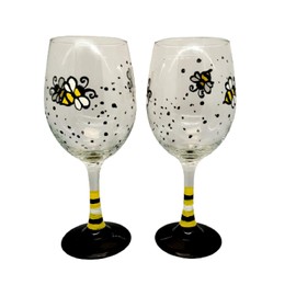Honey Bee Hand Painted Stemmed Wine Glasses Set of 2