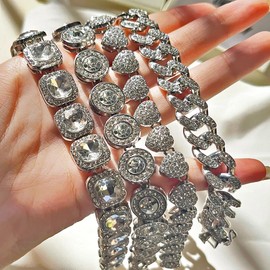 OWNCOOL 4PCS Layered Link Bracelet for Women Clustered Tennis Bracelet Heart Round Diamond Cuban Link Bracelet Set Fashion Jewelry Bracelet Set Gifts Silver