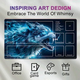 MTG Playmat TCG Ultrapro Playmats with Magic Zones, 28x16 inch Trading Card Game and Anime Enthusiasts, Non-Slip Protects Cards Larger Gaming Area, Multipurpose Artistic Mat(Lightning Wolf)