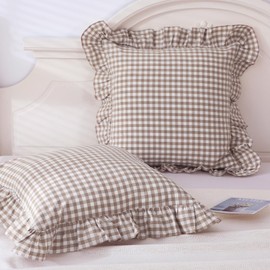 Mywinlle Taupe Plaid Ruffle Decorative Throw Pillow Covers for Couch 20"x20",2 Pack Vintage Checkered Washed Cotton Pillowcases for Bed, Sofa, Living Room