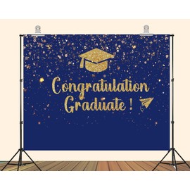 PEKRU 7x5ft Fabric Congratulations Graduate Backdrop Blue Gold Glitter Background Graduation Party Decoration Banner Indoor Outdoor Graduation Decor Supplies