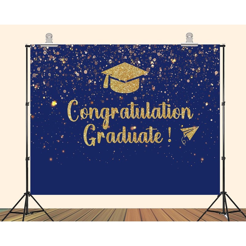 PEKRU 7x5ft Fabric Congratulations Graduate Backdrop Blue Gold Glitter Background