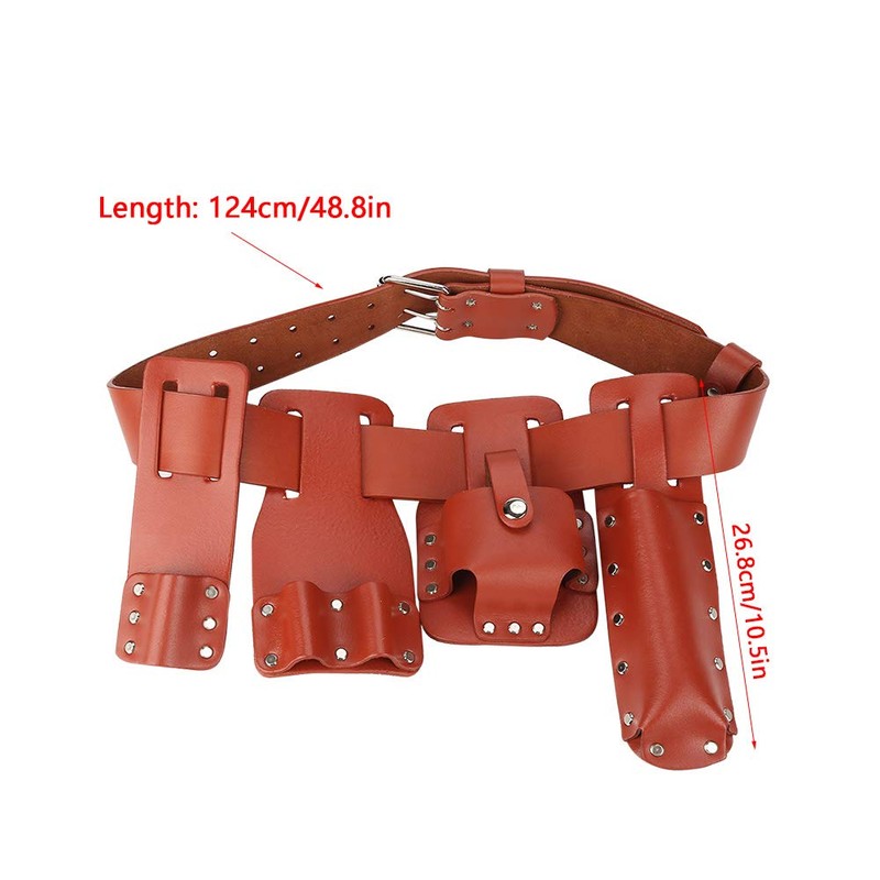 Leather Tool Belt, 5in1 Carpenters Belt Tool Pouch, Dark Red