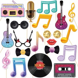 20 Pcs Music Notes Photo Booth Props Kit, Disco Night Guitar Rock Themed Party Selfie Decorations, Rock and Roll Birthday Party Photography Supplies